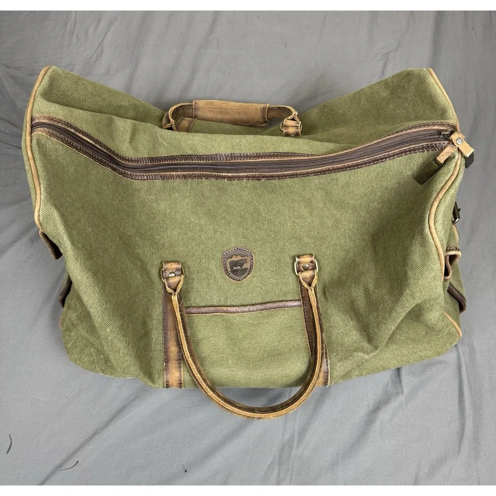 STS Ranchwear Large Duffle Bag Olive Green Canvas Leather Weekender Travel